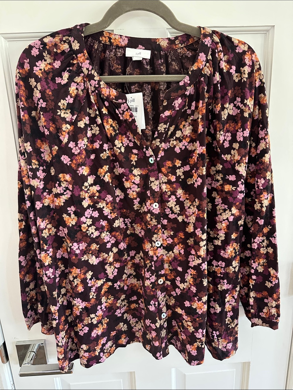 J. Jill Plum Floral Button-Down Blouse with Pink and Orange Flowers